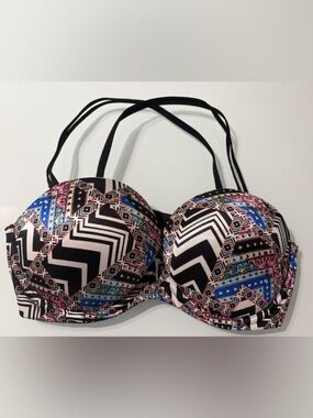 Victoria's Secret Black Geometric Printed Push-Up Bra with Multicolor Accents